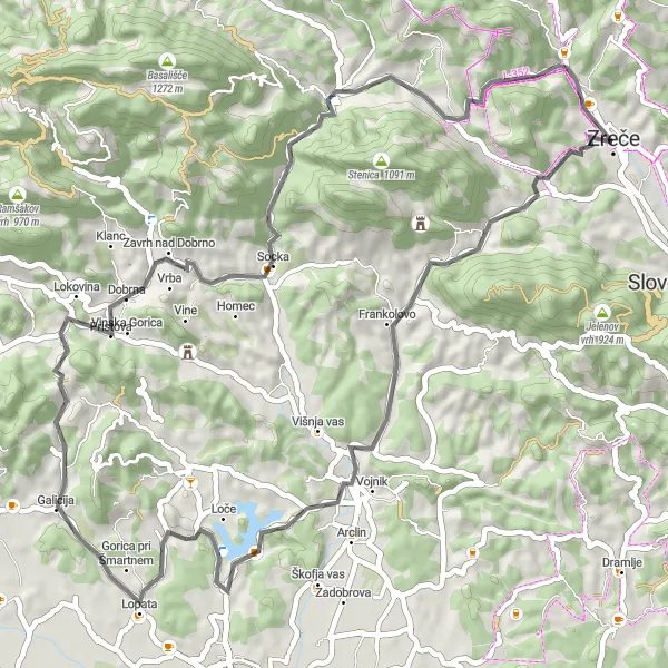 Map miniature of "Scenic Route: Kamni vrh and Beyond" cycling inspiration in Vzhodna Slovenija, Slovenia. Generated by Tarmacs.app cycling route planner