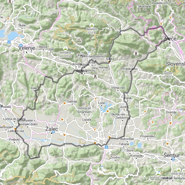 Map miniature of "The Vzhodna Slovenija Challenge" cycling inspiration in Vzhodna Slovenija, Slovenia. Generated by Tarmacs.app cycling route planner