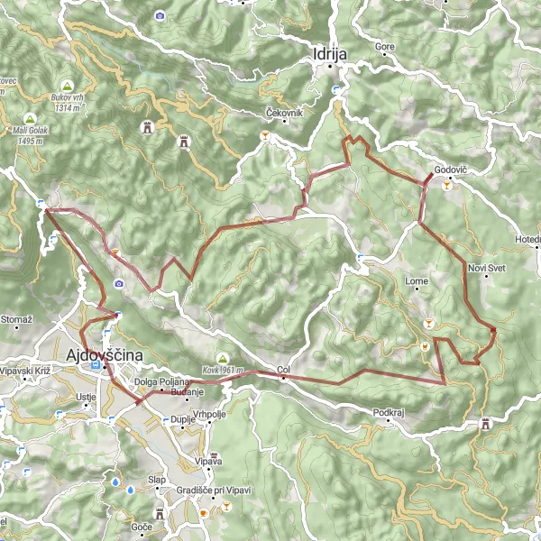 Miniaturní mapa "Gravel Cyklotrasa Otlica - Višnje" inspirace pro cyklisty v oblasti Zahodna Slovenija, Slovenia. Vytvořeno pomocí plánovače tras Tarmacs.app