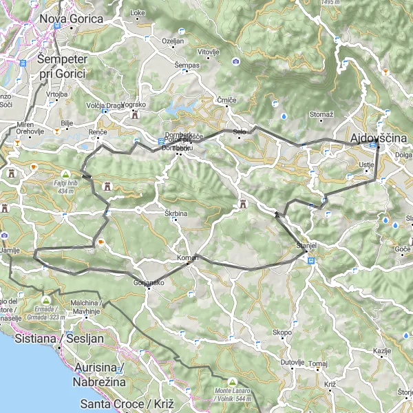 Miniatura della mappa di ispirazione al ciclismo "Viaggio tra Dolenje e Vipavski Križ" nella regione di Zahodna Slovenija, Slovenia. Generata da Tarmacs.app, pianificatore di rotte ciclistiche