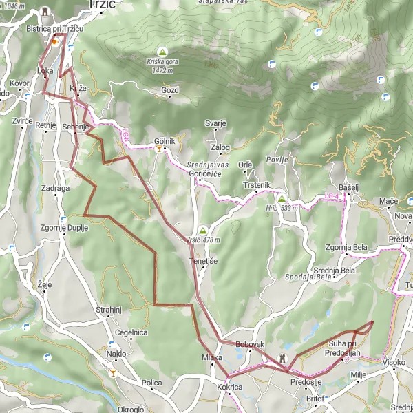 Karten-Miniaturansicht der Radinspiration "Gravel Rundweg um Bistrica pri Tržiču" in Zahodna Slovenija, Slovenia. Erstellt vom Tarmacs.app-Routenplaner für Radtouren