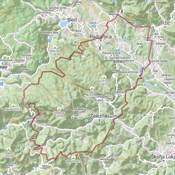 Miniaturní mapa "Gravel Route Gobovce - Brezje pri Tržiču" inspirace pro cyklisty v oblasti Zahodna Slovenija, Slovenia. Vytvořeno pomocí plánovače tras Tarmacs.app