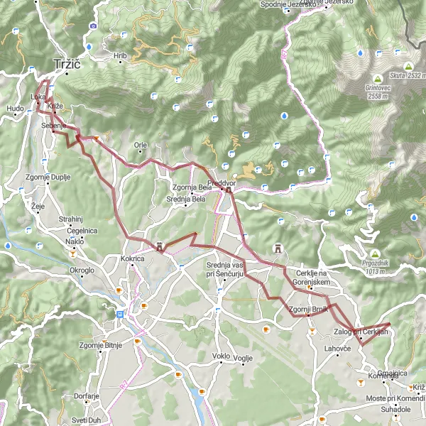 Karten-Miniaturansicht der Radinspiration "Scenic Gravel-Tour durch Tržič" in Zahodna Slovenija, Slovenia. Erstellt vom Tarmacs.app-Routenplaner für Radtouren