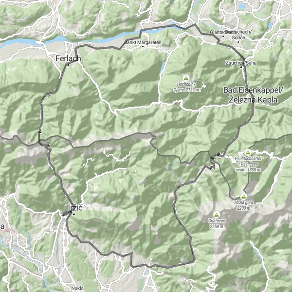 Karten-Miniaturansicht der Radinspiration "Straßentour um Bistrica pri Tržiču" in Zahodna Slovenija, Slovenia. Erstellt vom Tarmacs.app-Routenplaner für Radtouren