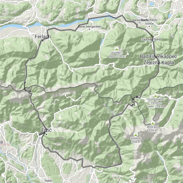 Zemljevid v pomanjšavi "Raznolika pot z dolgim vzponom" kolesarske inspiracije v Zahodna Slovenija, Slovenia. Generirano z načrtovalcem kolesarskih poti Tarmacs.app