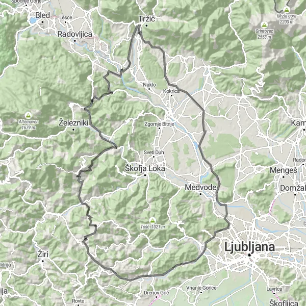 Karten-Miniaturansicht der Radinspiration "Abenteuerliche Tour von Bistrica pri Tržiču nach Javorje" in Zahodna Slovenija, Slovenia. Erstellt vom Tarmacs.app-Routenplaner für Radtouren