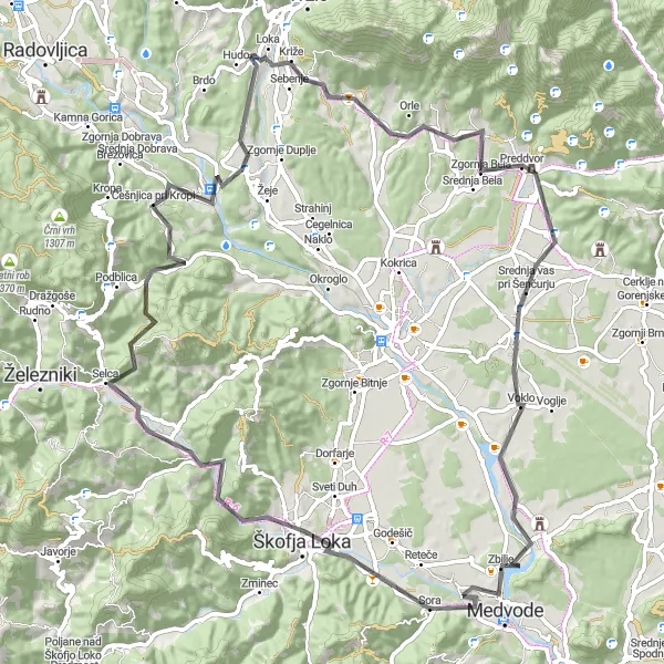 Karten-Miniaturansicht der Radinspiration "Rundfahrt von Bistrica pri Tržiču nach Skofja Loka" in Zahodna Slovenija, Slovenia. Erstellt vom Tarmacs.app-Routenplaner für Radtouren