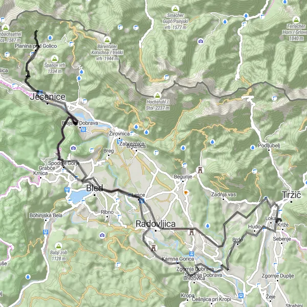 Miniaturní mapa "Trasa kolem Bistrici pri Tržiču" inspirace pro cyklisty v oblasti Zahodna Slovenija, Slovenia. Vytvořeno pomocí plánovače tras Tarmacs.app