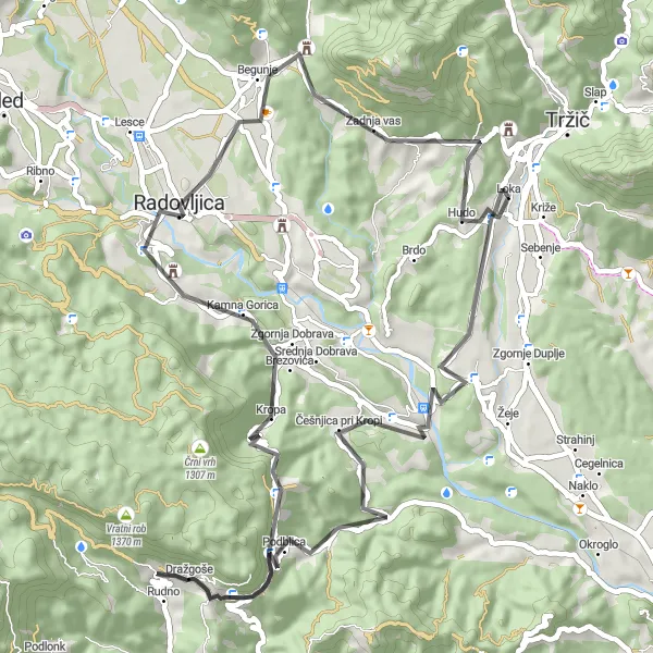 Karten-Miniaturansicht der Radinspiration "Radweg von Podbrezje nach Vaško" in Zahodna Slovenija, Slovenia. Erstellt vom Tarmacs.app-Routenplaner für Radtouren