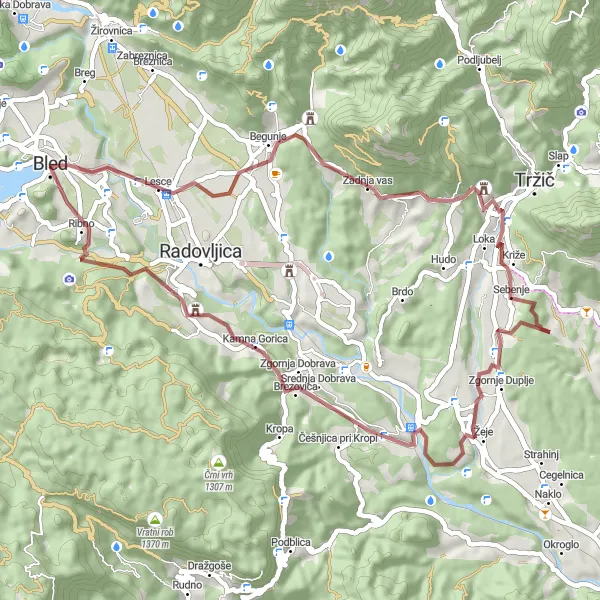 Map miniature of "Bled and the Villages" cycling inspiration in Zahodna Slovenija, Slovenia. Generated by Tarmacs.app cycling route planner