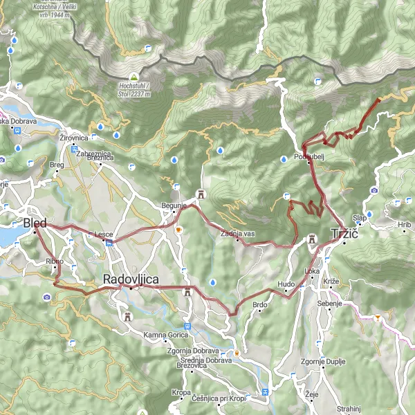 Zemljevid v pomanjšavi "Na višavah v okolici Bleda" kolesarske inspiracije v Zahodna Slovenija, Slovenia. Generirano z načrtovalcem kolesarskih poti Tarmacs.app