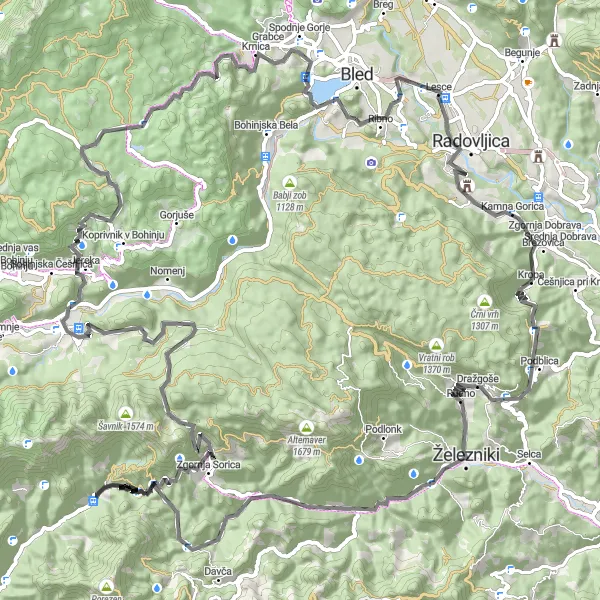 Zemljevid v pomanjšavi "Odkrivanje naravnih biserov okoli Bleda" kolesarske inspiracije v Zahodna Slovenija, Slovenia. Generirano z načrtovalcem kolesarskih poti Tarmacs.app