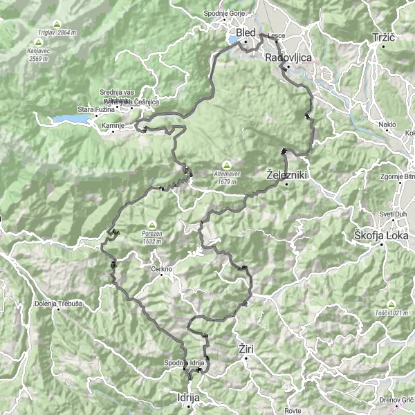 Map miniature of "The Majestic Alpine Adventure" cycling inspiration in Zahodna Slovenija, Slovenia. Generated by Tarmacs.app cycling route planner