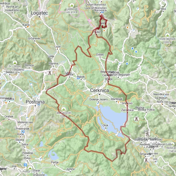 Map miniature of "Borovnica Epic Gravel Adventure" cycling inspiration in Zahodna Slovenija, Slovenia. Generated by Tarmacs.app cycling route planner