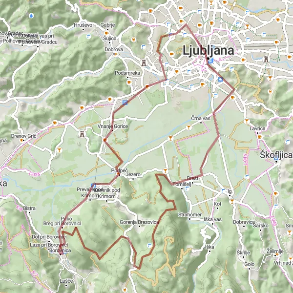 Miniatura della mappa di ispirazione al ciclismo "Scenic Gravel Route from Borovnica to Ljubljana" nella regione di Zahodna Slovenija, Slovenia. Generata da Tarmacs.app, pianificatore di rotte ciclistiche