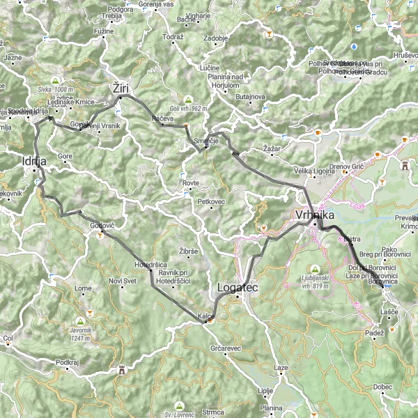 Miniatura della mappa di ispirazione al ciclismo "Road Cycling Tour from Borovnica to Idrija" nella regione di Zahodna Slovenija, Slovenia. Generata da Tarmacs.app, pianificatore di rotte ciclistiche