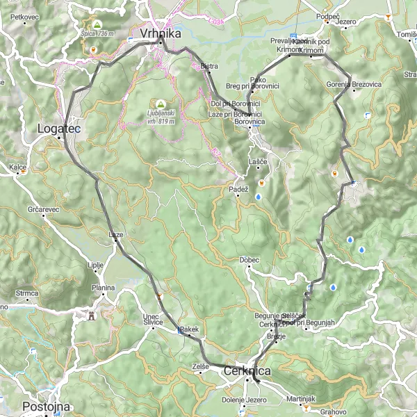 Miniaturní mapa "Okruh na kole s výletem kolem Borovnice" inspirace pro cyklisty v oblasti Zahodna Slovenija, Slovenia. Vytvořeno pomocí plánovače tras Tarmacs.app