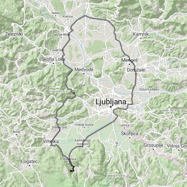 Miniatura della mappa di ispirazione al ciclismo "Tour delle Colline di Ljubljana" nella regione di Zahodna Slovenija, Slovenia. Generata da Tarmacs.app, pianificatore di rotte ciclistiche