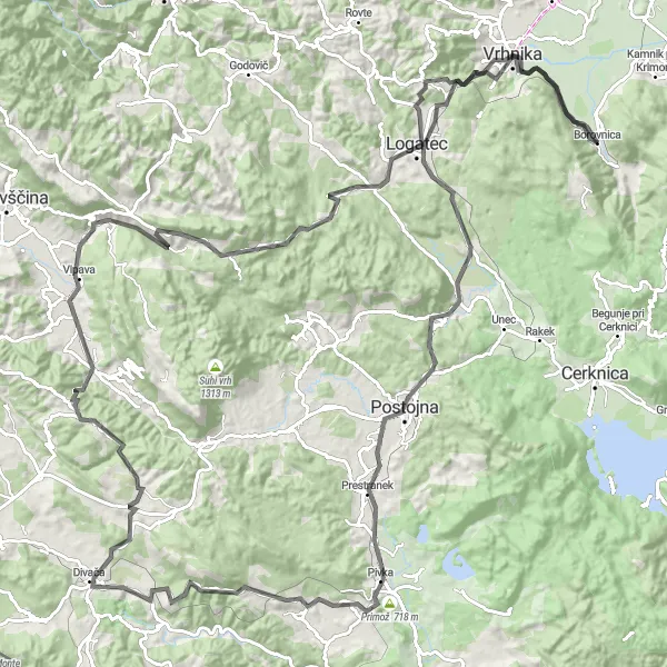 Miniaturní mapa "Road Cycling Expedition from Borovnica" inspirace pro cyklisty v oblasti Zahodna Slovenija, Slovenia. Vytvořeno pomocí plánovače tras Tarmacs.app