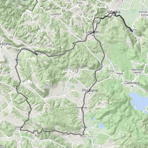 Miniatura della mappa di ispirazione al ciclismo "Scoperta dei Villaggi Intorno a Borovnica" nella regione di Zahodna Slovenija, Slovenia. Generata da Tarmacs.app, pianificatore di rotte ciclistiche