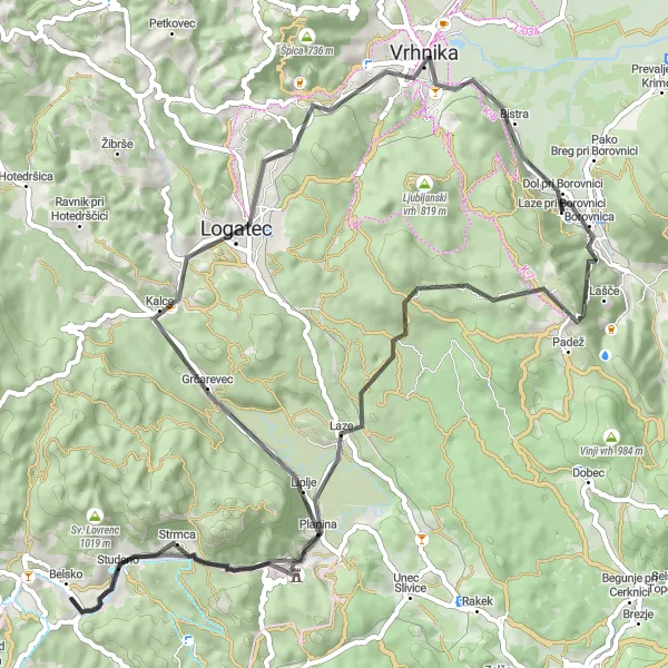 Miniatura della mappa di ispirazione al ciclismo "Esplorazione delle Colline di Borovnica" nella regione di Zahodna Slovenija, Slovenia. Generata da Tarmacs.app, pianificatore di rotte ciclistiche