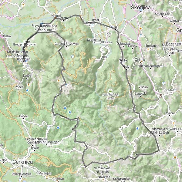 Zemljevid v pomanjšavi "91 km cestna kolesarska pot" kolesarske inspiracije v Zahodna Slovenija, Slovenia. Generirano z načrtovalcem kolesarskih poti Tarmacs.app