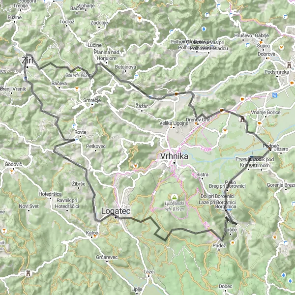 Miniatura della mappa di ispirazione al ciclismo "Giro in bicicletta di 96 km da Borovnica" nella regione di Zahodna Slovenija, Slovenia. Generata da Tarmacs.app, pianificatore di rotte ciclistiche