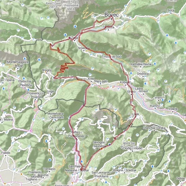 Miniatura della mappa di ispirazione al ciclismo "Giro in bicicletta per le cascate e castelli di Bovec" nella regione di Zahodna Slovenija, Slovenia. Generata da Tarmacs.app, pianificatore di rotte ciclistiche