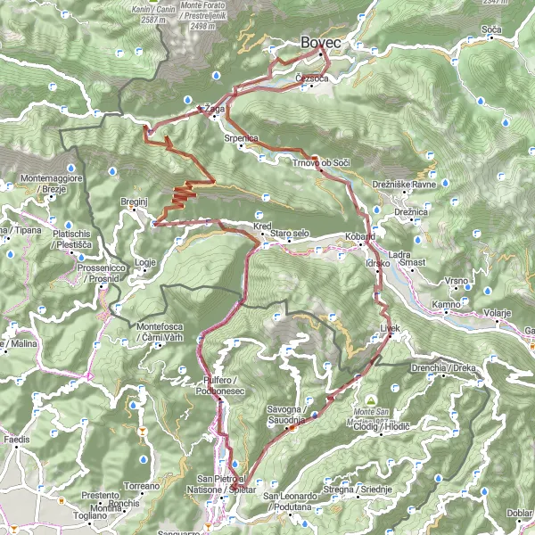 Zemljevid v pomanjšavi "Gravel raziskovanje okoli Bovca" kolesarske inspiracije v Zahodna Slovenija, Slovenia. Generirano z načrtovalcem kolesarskih poti Tarmacs.app