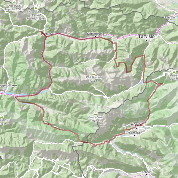Map miniature of "Gravel Exploration of Natural Wonders" cycling inspiration in Zahodna Slovenija, Slovenia. Generated by Tarmacs.app cycling route planner