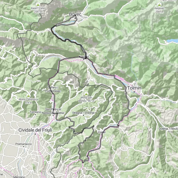 Miniatura della mappa di ispirazione al ciclismo "Avventura in bicicletta tra Kobarid e Monte Barda" nella regione di Zahodna Slovenija, Slovenia. Generata da Tarmacs.app, pianificatore di rotte ciclistiche