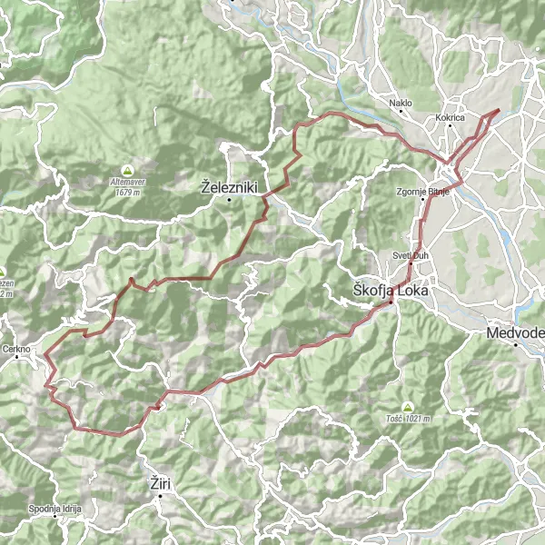 Miniatura della mappa di ispirazione al ciclismo "Gravel Road to Blegoš" nella regione di Zahodna Slovenija, Slovenia. Generata da Tarmacs.app, pianificatore di rotte ciclistiche