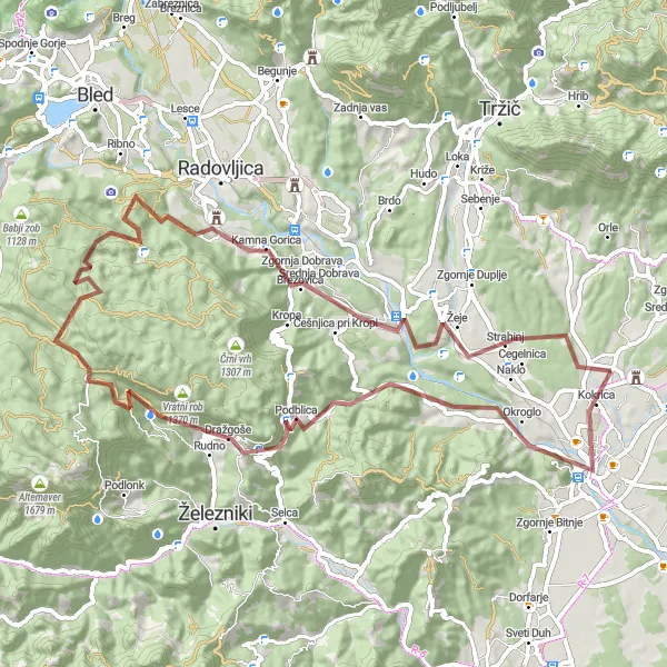 Miniatura della mappa di ispirazione al ciclismo "Scenic Gravel Ride to Črni vrh" nella regione di Zahodna Slovenija, Slovenia. Generata da Tarmacs.app, pianificatore di rotte ciclistiche