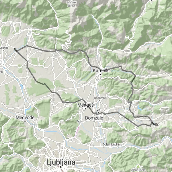 Zemljevid v pomanjšavi "Moravče Road Adventure" kolesarske inspiracije v Zahodna Slovenija, Slovenia. Generirano z načrtovalcem kolesarskih poti Tarmacs.app