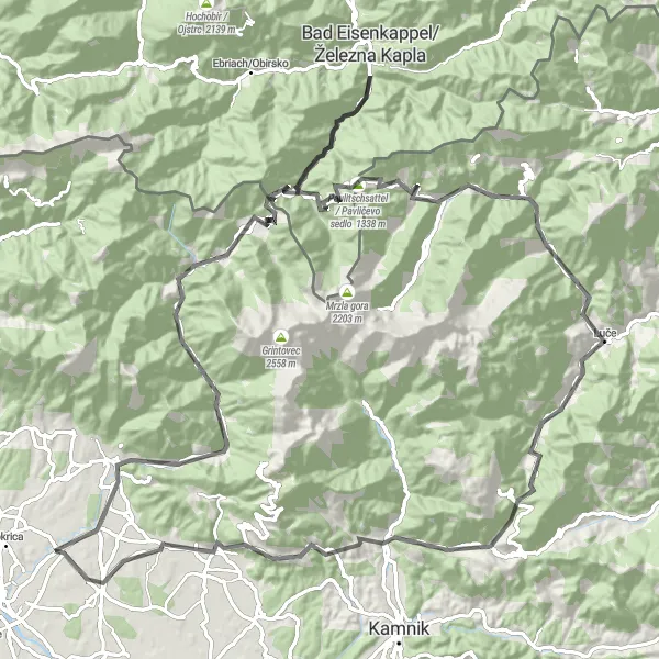 Map miniature of "The Tupaliče Epic Road Challenge" cycling inspiration in Zahodna Slovenija, Slovenia. Generated by Tarmacs.app cycling route planner