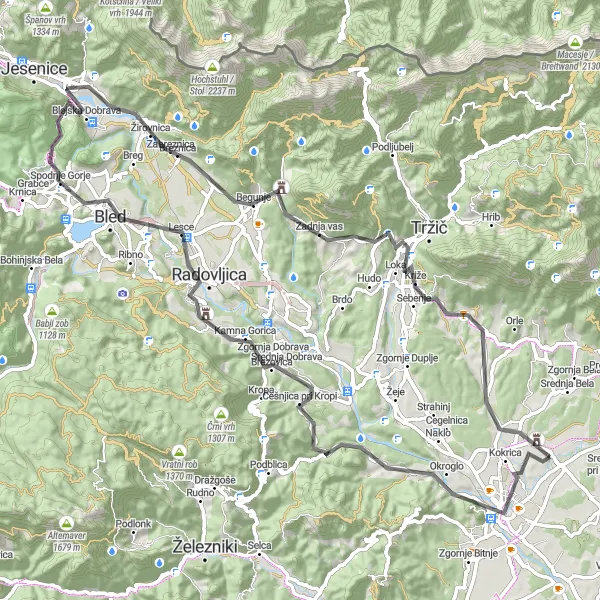 Miniatura della mappa di ispirazione al ciclismo "Avventura ciclistica tra le montagne e i villaggi sloveni" nella regione di Zahodna Slovenija, Slovenia. Generata da Tarmacs.app, pianificatore di rotte ciclistiche