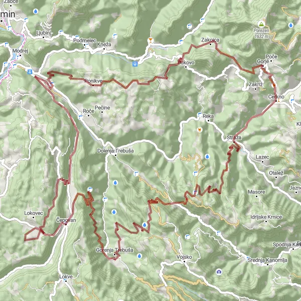 Zemljevid v pomanjšavi "Pustolovski izlet od Cerkna do Zakojce" kolesarske inspiracije v Zahodna Slovenija, Slovenia. Generirano z načrtovalcem kolesarskih poti Tarmacs.app