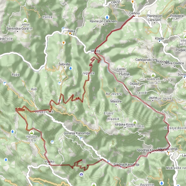 Zemljevid v pomanjšavi "Prijetna kolesarska pot od Cerkna do Roka" kolesarske inspiracije v Zahodna Slovenija, Slovenia. Generirano z načrtovalcem kolesarskih poti Tarmacs.app