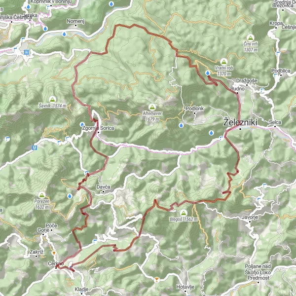 Map miniature of "The Gravel Adventure" cycling inspiration in Zahodna Slovenija, Slovenia. Generated by Tarmacs.app cycling route planner