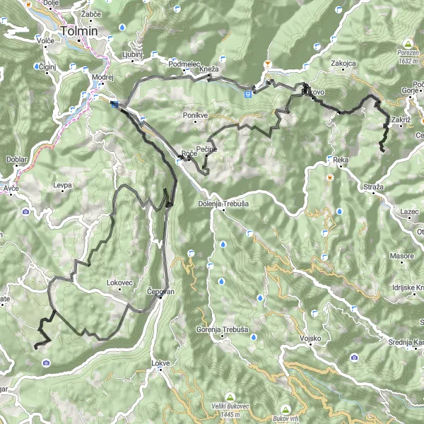 Map miniature of "Cerkno Loop" cycling inspiration in Zahodna Slovenija, Slovenia. Generated by Tarmacs.app cycling route planner