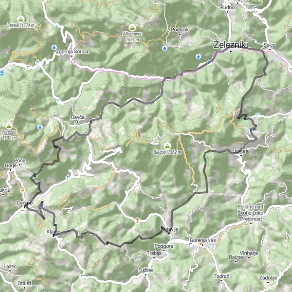 Zemljevid v pomanjšavi "Cerkno - Planina - Stara Oselica - Vrata - Cerkno" kolesarske inspiracije v Zahodna Slovenija, Slovenia. Generirano z načrtovalcem kolesarskih poti Tarmacs.app