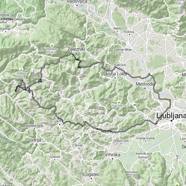 Zemljevid v pomanjšavi "Cerkno - Lamek - Rob - Goli vrh - Reber - Selo" kolesarske inspiracije v Zahodna Slovenija, Slovenia. Generirano z načrtovalcem kolesarskih poti Tarmacs.app