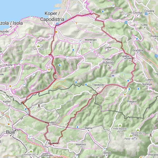 Map miniature of "Coastal Loop Gravel Ride" cycling inspiration in Zahodna Slovenija, Slovenia. Generated by Tarmacs.app cycling route planner