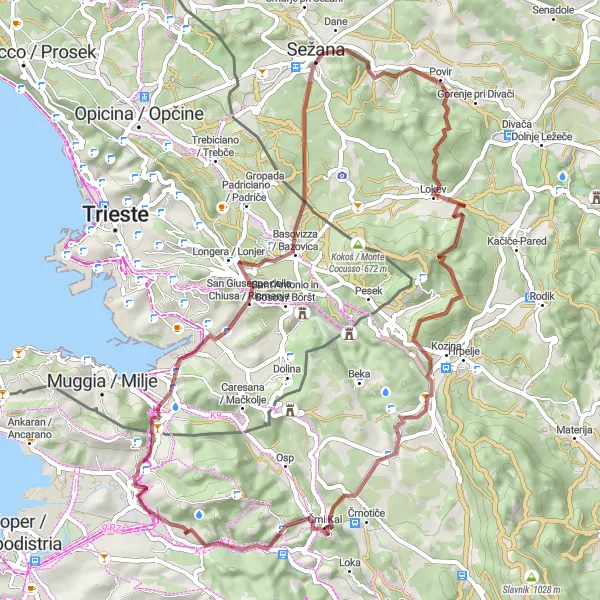 Map miniature of "The Karst Gravel Challenge" cycling inspiration in Zahodna Slovenija, Slovenia. Generated by Tarmacs.app cycling route planner