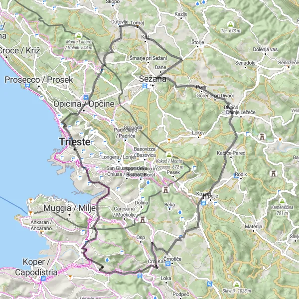 Zemljevid v pomanjšavi "Dekani - Trieste Loop" kolesarske inspiracije v Zahodna Slovenija, Slovenia. Generirano z načrtovalcem kolesarskih poti Tarmacs.app