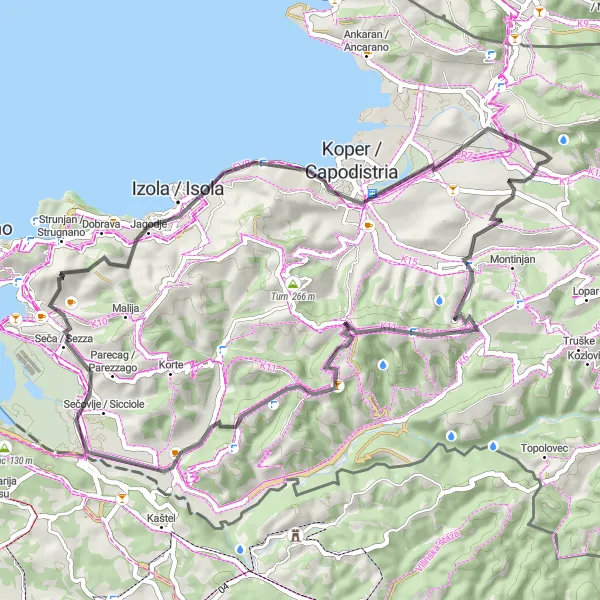 Map miniature of "Exploring the Coastal Villages" cycling inspiration in Zahodna Slovenija, Slovenia. Generated by Tarmacs.app cycling route planner