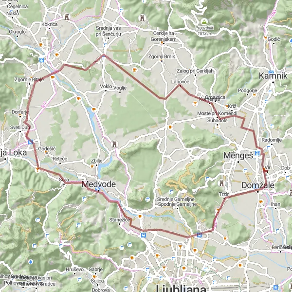 Miniatura della mappa di ispirazione al ciclismo "Esplorazione dei sentieri naturali di Dob" nella regione di Zahodna Slovenija, Slovenia. Generata da Tarmacs.app, pianificatore di rotte ciclistiche