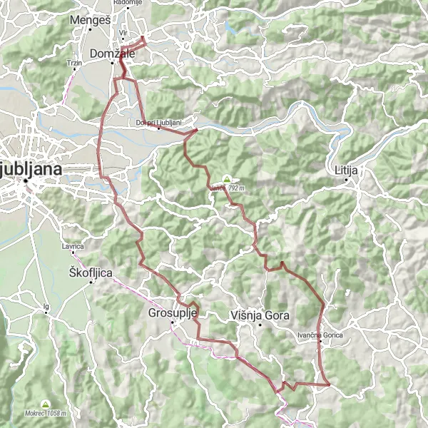 Miniatura mapy "Przejazd rowerowy gravel w okolicach Dob" - trasy rowerowej w Zahodna Slovenija, Slovenia. Wygenerowane przez planer tras rowerowych Tarmacs.app