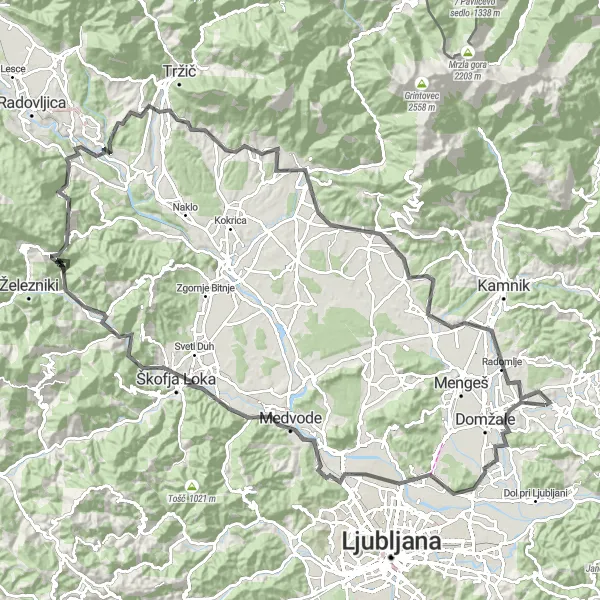 Karten-Miniaturansicht der Radinspiration "Rundfahrt von Dob nach Zahodna Slovenija" in Zahodna Slovenija, Slovenia. Erstellt vom Tarmacs.app-Routenplaner für Radtouren