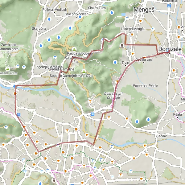 Zemljevid v pomanjšavi "Gravel avantura v okolici Domžal" kolesarske inspiracije v Zahodna Slovenija, Slovenia. Generirano z načrtovalcem kolesarskih poti Tarmacs.app